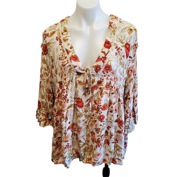 Rachel Zoe Med Floral Peasant Hippie V-Neck Blouse White Orange Ruffel Sleeve - Picture 1 of 10